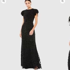 Mac Duggal Black High Neck Flutter Cap Sleeve Gown